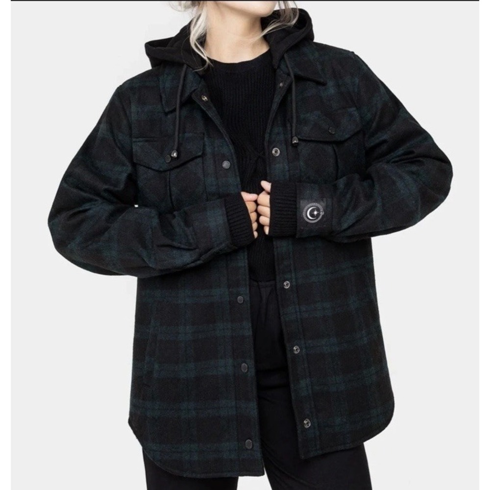 Disturbia Trellis Shacket Womens 18 Green Black Check Wool Blend Pockets Hooded